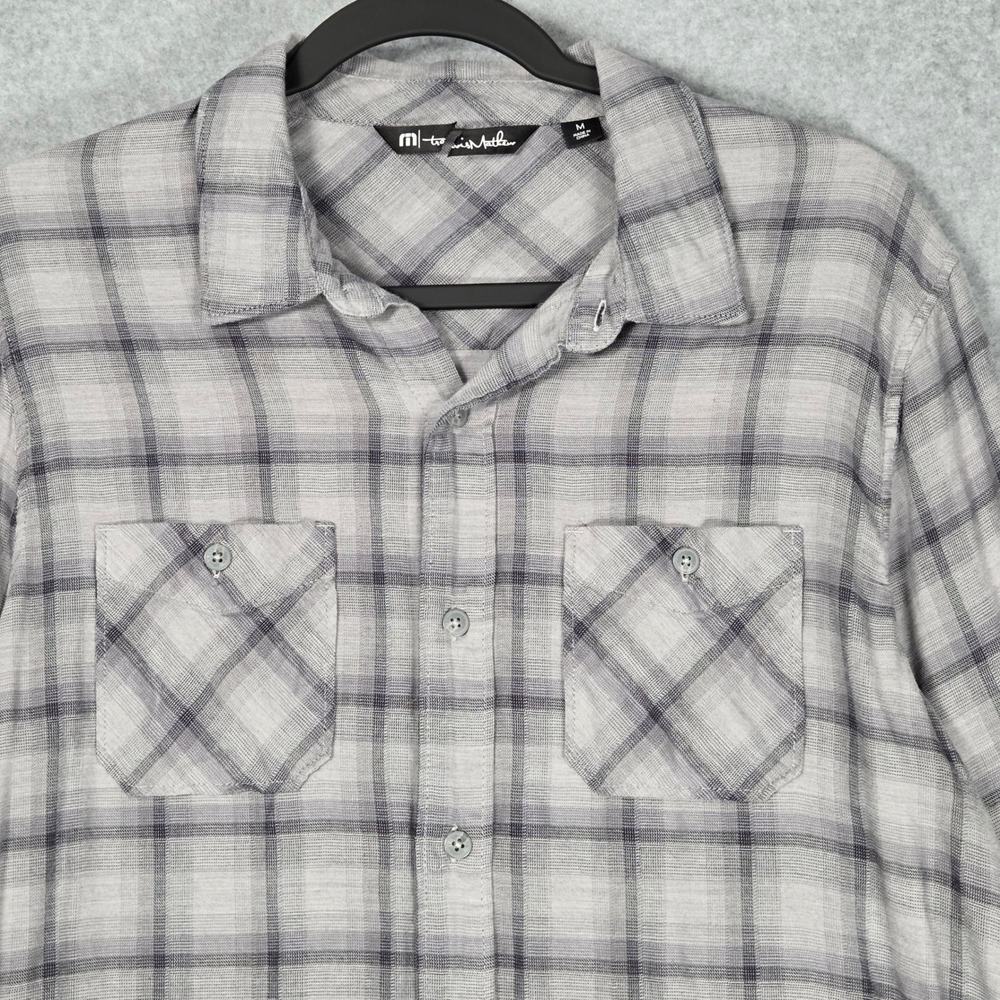 Travis Mathew Men Medium Long Sleeve Button Down Shirt Gray Plaid Double Pocket